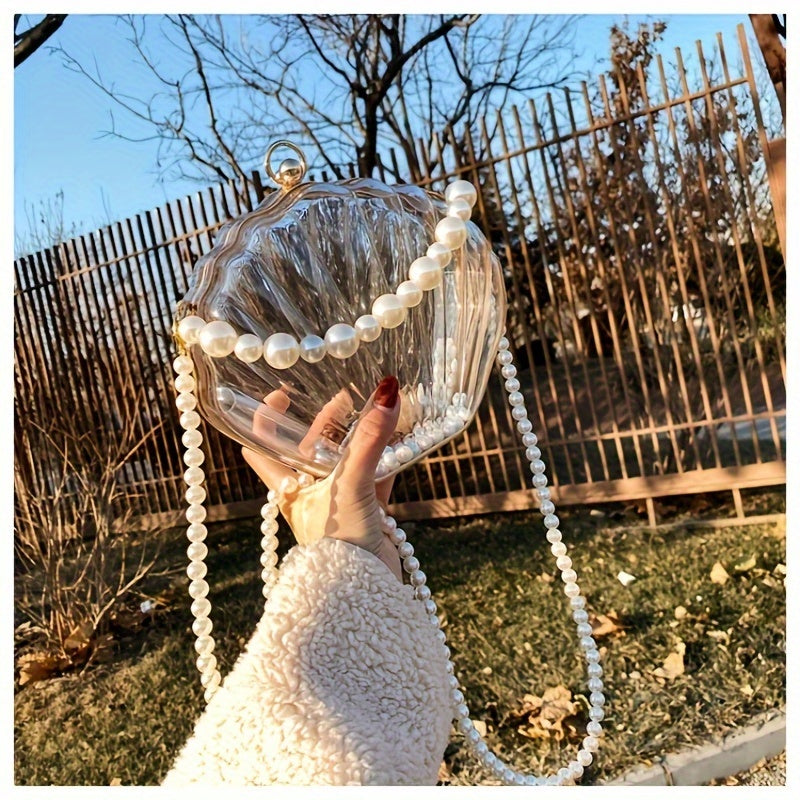 Casual Acrylic Pearl Beaded Shell Crossbody Bag with Removable Strap, Transparent Unlined Clutch with Buckle Closure, Checkpoint-Friendly Fashion Accessory